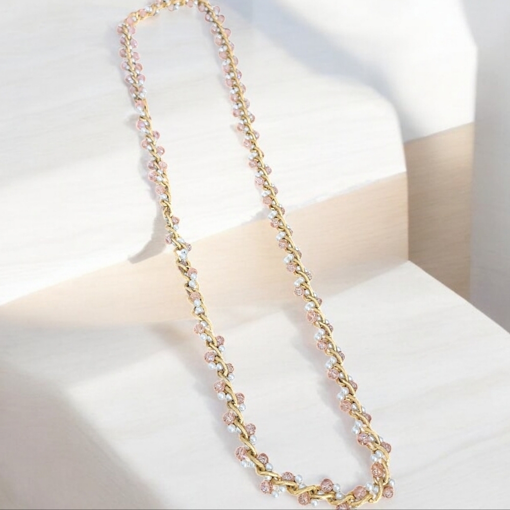 Gold pink and white pearl necklace